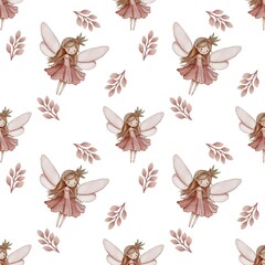 Seamless Pattern Cute Pink Leaves and Fairy Small Design on White Background