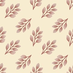 Seamless Pattern Cute Pink Leaves Small Design on Pastel Yellow Background