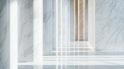 Fototapeta premium elegant marble columns with soft sunlight and reflections, minimalist luxury architectural design