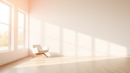 Fototapeta premium Serene Minimalist Room Interior with Sunlight Streaming Through Large Windows and a Single Modern Chair