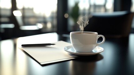 Fototapeta premium Steaming coffee cup, pen, paper, office, city view