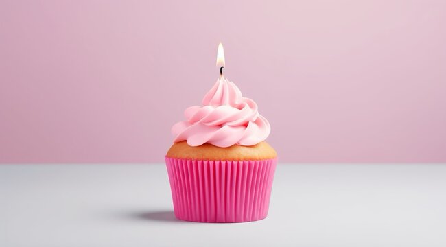 Tortina con crema rosa  e una candelina, posizionata su un tavolo bianco e lo sfondo &egrave; rosa con spazio per personalizzazioni