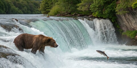 Grizzly bear swimming in fast flowing river near waterfall catching salmon with powerful claws, waterfall, wildlife, river, outdoor, wild
