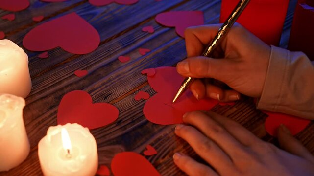 Close up of wooden table in darkness with lighted candles and red paper hearts scattered on the surface, woman hand writing on the paper heart text I love you.
