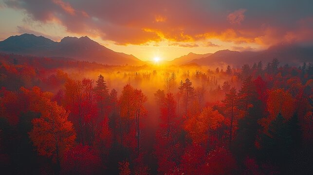 A vibrant autumn sunset casts a warm glow over a misty forest valley, where colorful leaves meet the soft, magical landscape and create a dreamlike atmosphere. - Powered by Adobe