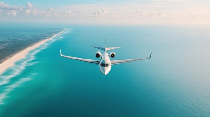Naklejka premium A private jet flies over a beautiful coastline, showcasing the turquoise waters and sandy beaches beneath a clear sky.