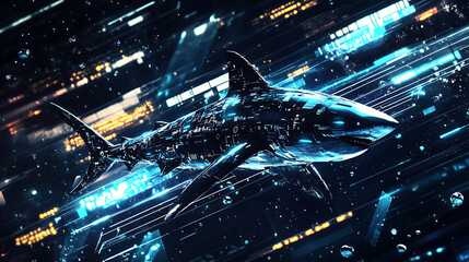 Fototapeta premium Digital Shark in a Futuristic Data Stream
