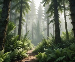 Naklejka premium A lush forest scene with tall trees and ferns on a white background, fern, tree, forest scenery