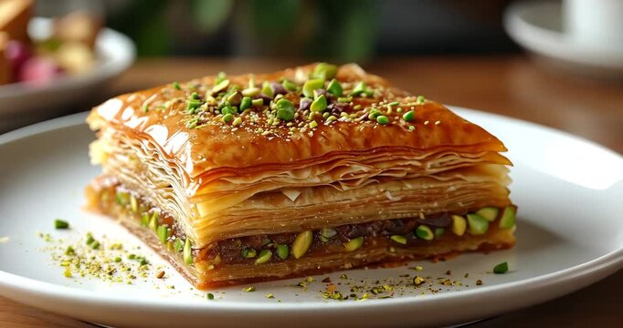 A close-up shot of baklava on a plate, showcasing its flaky layers and nut filling.