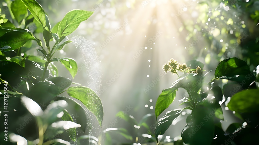 Poster Sunlight Filters Through Lush Green Foliage Creating a Serene Atmosphere in a Vibrant Natural Setting with Delicate Dew Drops on Leaves