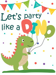 Dinosaur themed birthday party invitation. Kids party with funny dinosaur, poster decorated with funny animal. Bright banner with cartoon reptile on background