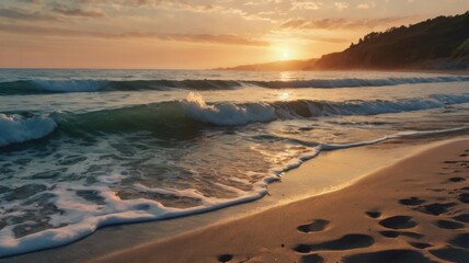 Obraz premium A Serene Sunset Over Tranquil Waves: Capturing the Golden Hour on the Sandy Shore, Where the Sea Meets the Horizon in Perfect