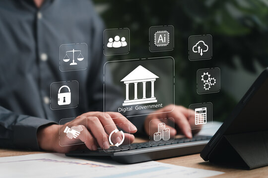 Digital government technology concept, Businessman Introducing technology modern governance online identity verification, Digital transformation public, Government sector, Security and data management