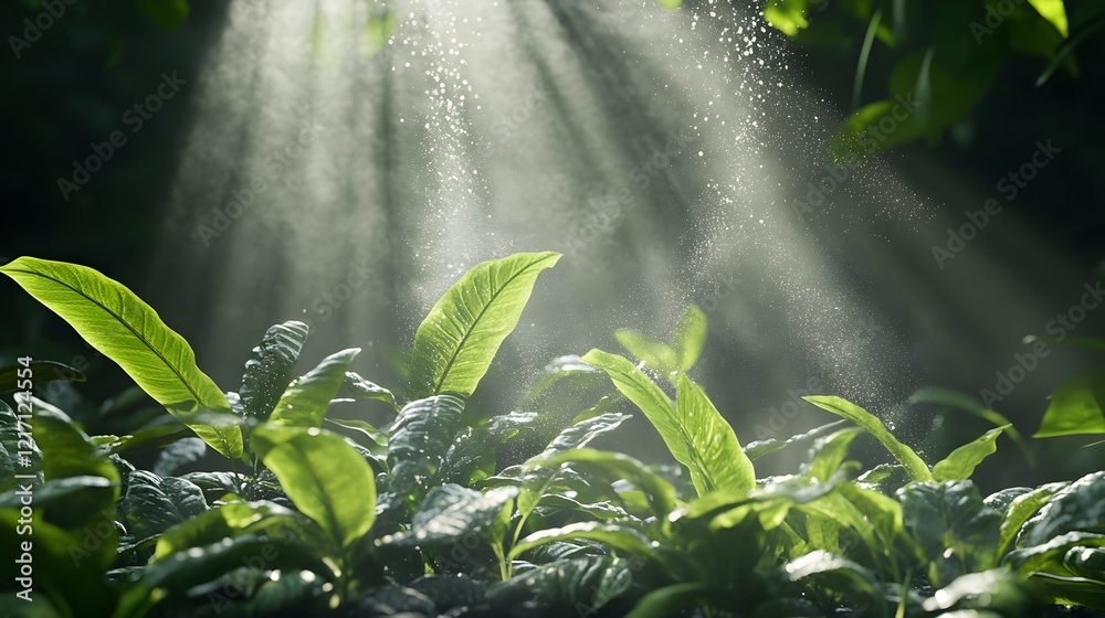Aufkleber Sunlight Filtering Through Leaves Over Fresh Green Plants with Gentle Mist Creating a Serene Natural Atmosphere in a Lush Environment