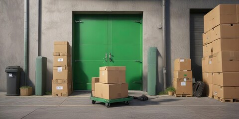 Green door of a storage unit with neat stacks of cardboard boxes and additional boxes on a cart, shelves, units