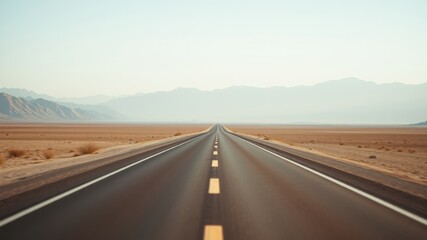 Fototapeta premium Asphalt highway stretching towards distant mountains under a pale sky, promising adventure and the open road ahead