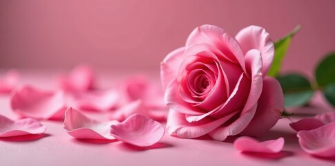 Fototapeta premium Single pink rose, scattered petals, soft light , flower petals, delicate