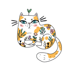 Vector illustration of a fluffy kawaii kitten with red spots, decorated with flowers and leaves. Contour drawing for printing posters and stickers.