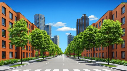 Residential street lined with trees, leading to modern skyscrapers under a bright sky
