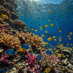 A school of tropical fish darting through colorful corals.