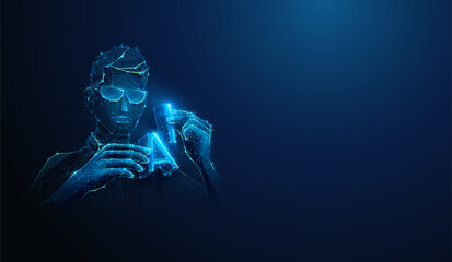 Abstract illustration of low poly engineer putting together AI. Blue geometric background depicting artificial intelligence innovation technology development concept by wireframe mesh