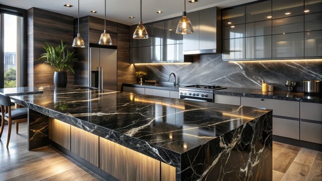 Dark polished onyx marble countertop with subtle veining and rich black color palette creating a sophisticated ambiance for modern kitchen or dining space, dining room decor, polished onyx