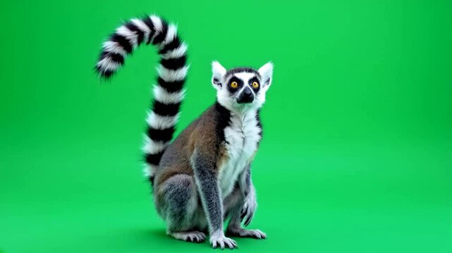 Ring-tailed lemur sitting, green screen, studio
