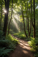 Obraz premium Winding path through a dense forest, dappled sunlight, vertical landscape 