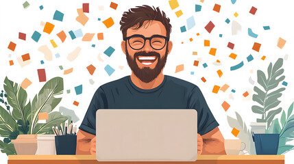 Community manager hosting an online event to celebrate engagement accomplishments with colorful confetti, 8K flat vector style,