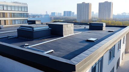 Flat roof building rooftop view city skyline.
