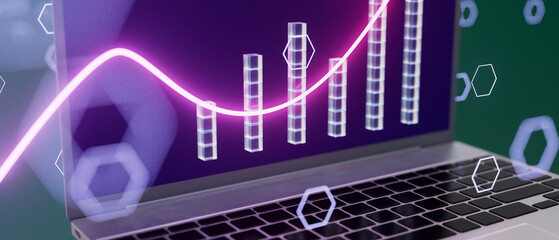 A laptop screen shows a graph with a purple line and a series of bars