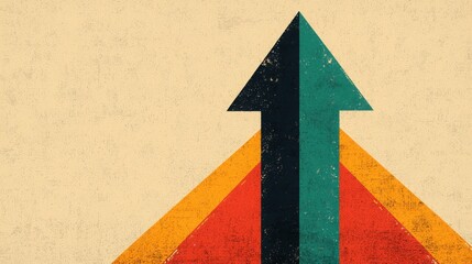 A stylized graphic featuring an upward arrow, symbolizing growth and progress, set against a textured background of warm colors.