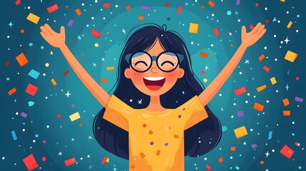 Festive depiction of a community manager acknowledging user participation with confetti, 8K flat vector style,