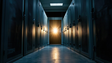 Fototapeta premium glowing light shines through door in dark server room, creating dramatic effect