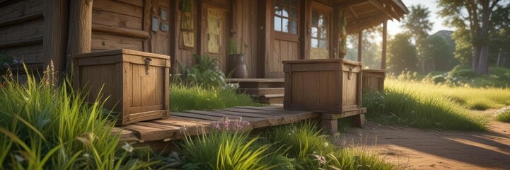 Grass ballot boxes scattered around the base of a traditional wooden hut, base, grass