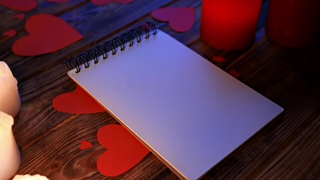Close up of wooden table in darkness with red and white lighted candles and scattered red paper hearts on the surface, blank spiral notebook with empty page laying on the desk.