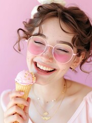 Overjoyed girl with pink ice cream in cheery pose