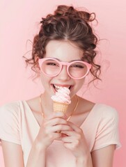 Smiling woman enjoying pink ice cream with joy