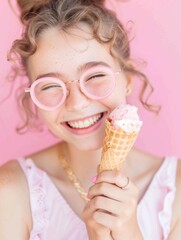 Joyful girl with pink glasses and ice cream smile