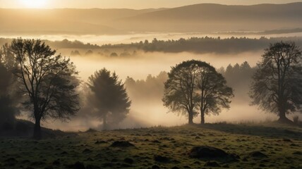Enchanting Morning Mist Over Serene Hills: A Stunning Capture of Nature's Tranquility at Dawn, Showcasing Breathtaking Fog-Laden