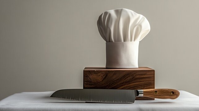 Chef Hat and Knife on Wooden Block A Culinary Still Life
