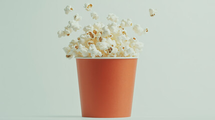 Popcorn Explosion: Buttery popcorn bursts from an orange paper cup, capturing the excitement and joy of movie night.  A playful and delicious image perfect for food blogs, movie promotions.