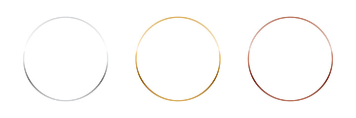 Gold, silver and bronze circle thin frames. Blank metal ring, button, stamp, sticker, label. First, second and third place medals isolated on transparent background. Abstract vector illustration set.