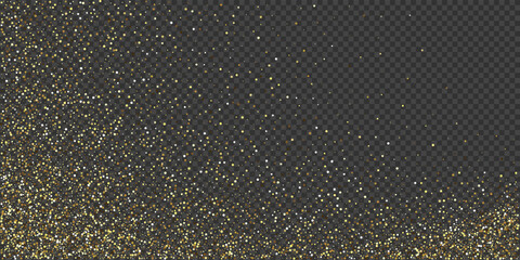 Gold glitter confetti background. Golden glittering dust on transparent background with copy space. Festive holiday shiny luxury backdrop. Abstract vector illustration.