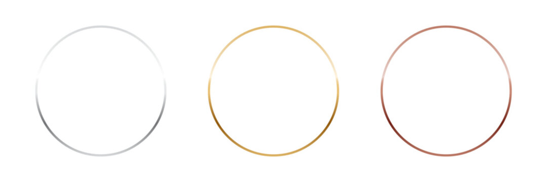 Gold, silver and bronze circle thin frames. Blank metal ring, button, stamp, sticker, label. First, second and third place medals isolated on transparent background. Abstract vector illustration set.