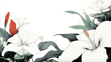 Elegant lily and anthurium botanical illustration with green leaves on white background