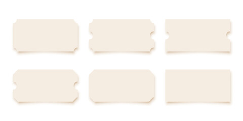 Cinema tickets. Mockups of paper blank theater or concert tickets, coupons, discount vouchers with text space isolated on transparent background. Realistic vector illustrations set.