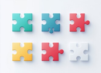 Fototapeta premium Vector illustration of six colorful puzzle pieces on a white background, using a flat design, minimalism, simple shapes, and a 2D style.