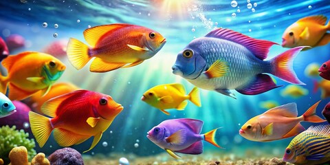 Naklejka premium Vibrant Tropical Fish Aquarium Scene with Copy Space for Design - Stock Photo