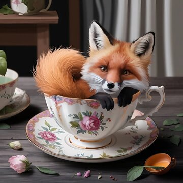 cute fox curled up inside a delicate teacup, showcasing whimsical art by Julia McCormick.